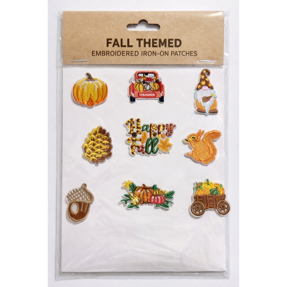 9pc Fall Themed Embroidered Iron-On Patches Pumpkin Gnome Squirrel Autumn DIY